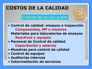 COSTOS DE LA CALIDAD Control de calidad: ensayos e inspección Componentes, MP e insumos Materiales para laboratorios de ensayos Reactivos y equipos Personal de Control de calidad Capacitación y salarios Muestras para control de calidad Control de equipos Auditorias internas Intermediación de servicios COSTOS DE EVALUACIÓN 