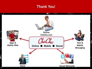 Thank You!




                                  Online
                                ChaCha.com


       Apps &                                                     Text &
     Mobile Web           Online ● Mobile ● Social                Mobile
                                                                 Messaging




                  Voice                        Social Networks
35
 
