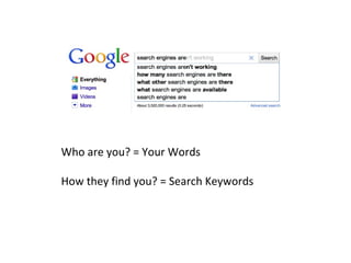 Who are you? = Your Words How they find you? = Search Keywords 