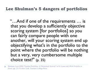 Lee Shulman’s 5 dangers of portfolios “… And if one of the requirements … is that you develop a sufficiently objective scoring system [for portfolios] so you can fairly compare people with one another, will your scoring system end up objectifying what's in the portfolio to the point where the portfolio will be nothing but a very, very cumbersome multiple choice test?"  (p. 35) Shulman, Lee (1998) "Teacher Portfolios: A Theoretical Activity" in N. Lyons (ed.)  With Portfolio in Hand . (pp. 23-37) New York: Teachers College Press. 