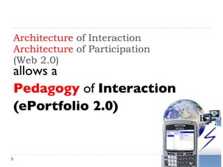 Architecture  of Interaction Architecture  of Participation (Web 2.0)  allows a   Pedagogy   of  Interaction (ePortfolio 2.0) 