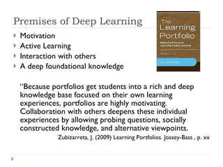Premises of Deep Learning Motivation Active Learning Interaction with others A deep foundational knowledge “ Because portfolios get students into a rich and deep knowledge base focused on their own learning experiences, portfolios are highly motivating. Collaboration with others deepens these individual experiences by allowing probing questions, socially constructed knowledge, and alternative viewpoints. Zubizarreta, J. (2009) Learning Portfolios. Jossey-Bass , p. xx 