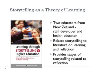 Storytelling as a Theory of Learning Two educators from New Zealand -  staff developer and health educator Relates storytelling to literature on learning and reflection Provides stages of storytelling related to reflection 