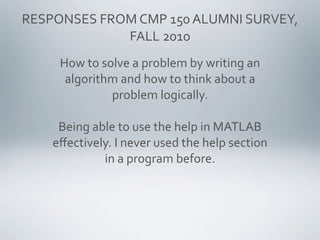 RESPONSES FROM CMP 150 ALUMNI SURVEY, 
             FALL 2010
      How to solve a problem by writing an 
       algorithm...