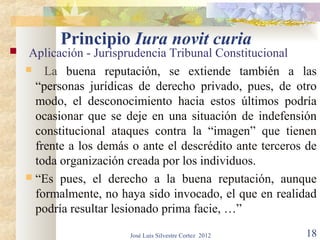 Principio Iura novit curia
    Aplicación - Jurisprudencia Tribunal Constitucional
     La buena reputación, se extiende también a las

      “personas jurídicas de derecho privado, pues, de otro
      modo, el desconocimiento hacia estos últimos podría
      ocasionar que se deje en una situación de indefensión
      constitucional ataques contra la “imagen” que tienen
      frente a los demás o ante el descrédito ante terceros de
      toda organización creada por los individuos.
     “Es pues, el derecho a la buena reputación, aunque
      formalmente, no haya sido invocado, el que en realidad
      podría resultar lesionado prima facie, …”

                        José Luis Silvestre Cortez 2012    18
 