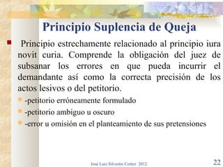Principio Suplencia de Queja
    Principio estrechamente relacionado al principio iura
    novit curia. Comprende la obligación del juez de
    subsanar los errores en que pueda incurrir el
    demandante así como la correcta precisión de los
    actos lesivos o del petitorio.
     -petitorio erróneamente formulado
     -petitorio ambiguo u oscuro
     -error u omisión en el planteamiento de sus pretensiones




                          José Luis Silvestre Cortez 2012        22
 