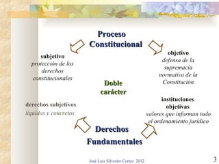 Proceso
                       Constitucional
                                                                objetivo
     subjetivo
                                                              defensa de la
  protección de los
                                                               supremacía
      derechos
                                                             normativa de la
  constitucionales
                              Doble                           Constitución
                             carácter
                                                                instituciones
derechos subjetivos                                               objetivas
líquidos y concretos                                     valores que informan todo
                                                          el ordenamiento jurídico
                         Derechos
                       Fundamentales

                       José Luis Silvestre Cortez 2012                               3
 