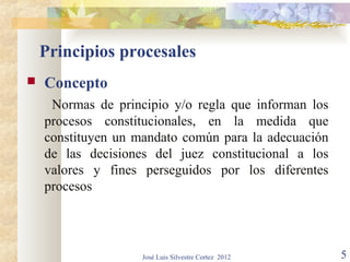 Principios procesales
   Concepto
     Normas de principio y/o regla que informan los
    procesos constitucionales, en la medida que
    constituyen un mandato común para la adecuación
    de las decisiones del juez constitucional a los
    valores y fines perseguidos por los diferentes
    procesos




                    José Luis Silvestre Cortez 2012   5
 