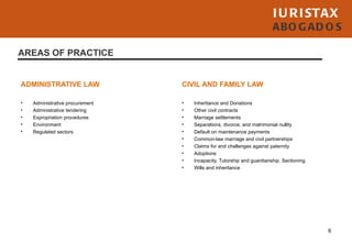 I U R I STAX
                                                                        ABO G AD O S

AREAS OF PRACTICE


ADMINISTRATIVE LAW               CIVIL AND FAMILY LAW

•   Administrative procurement   •   Inheritance and Donations
•   Administrative tendering     •   Other civil contracts
•   Expropriation procedures     •   Marriage settlements
•   Environment                  •   Separations, divorce, and matrimonial nullity
•   Regulated sectors            •   Default on maintenance payments
                                 •   Common-law marriage and civil partnerships
                                 •   Claims for and challenges against paternity
                                 •   Adoptions
                                 •   Incapacity. Tutorship and guardianship. Sectioning.
                                 •   Wills and inheritance




                                                                                           6
 