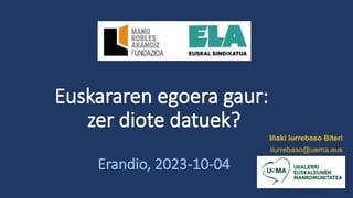 Iñaki Iurrebaso Biteri
iiurrebaso@uema.eus
Euskararen egoera gaur:
zer diote datuek?
Erandio, 2023-10-04
 