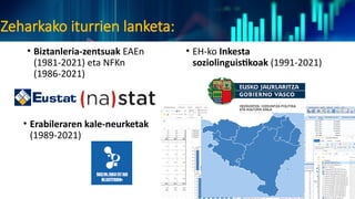 Zeharkako iturrien lanketa:
• Biztanleria-zentsuak EAEn
(1981-2021) eta NFKn
(1986-2021)
• Erabileraren kale-neurketak
(19...