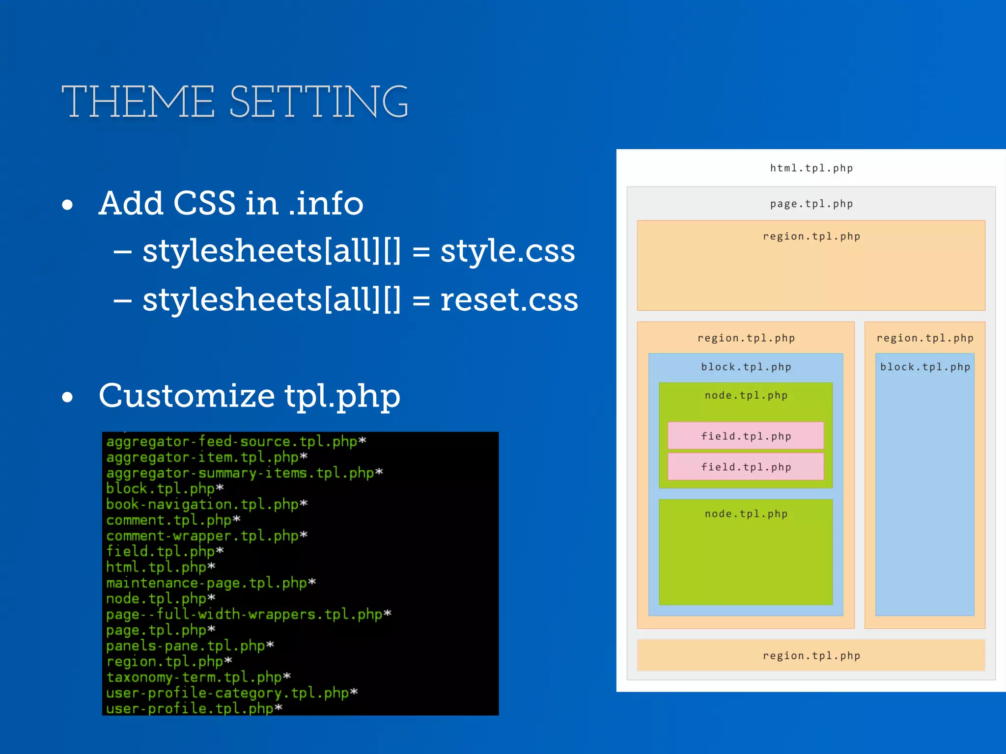 THEME SETTING •  Add CSS in .info – stylesheets[all][] = style.css – stylesheets[all][] = reset.css •  Customize tpl.php 