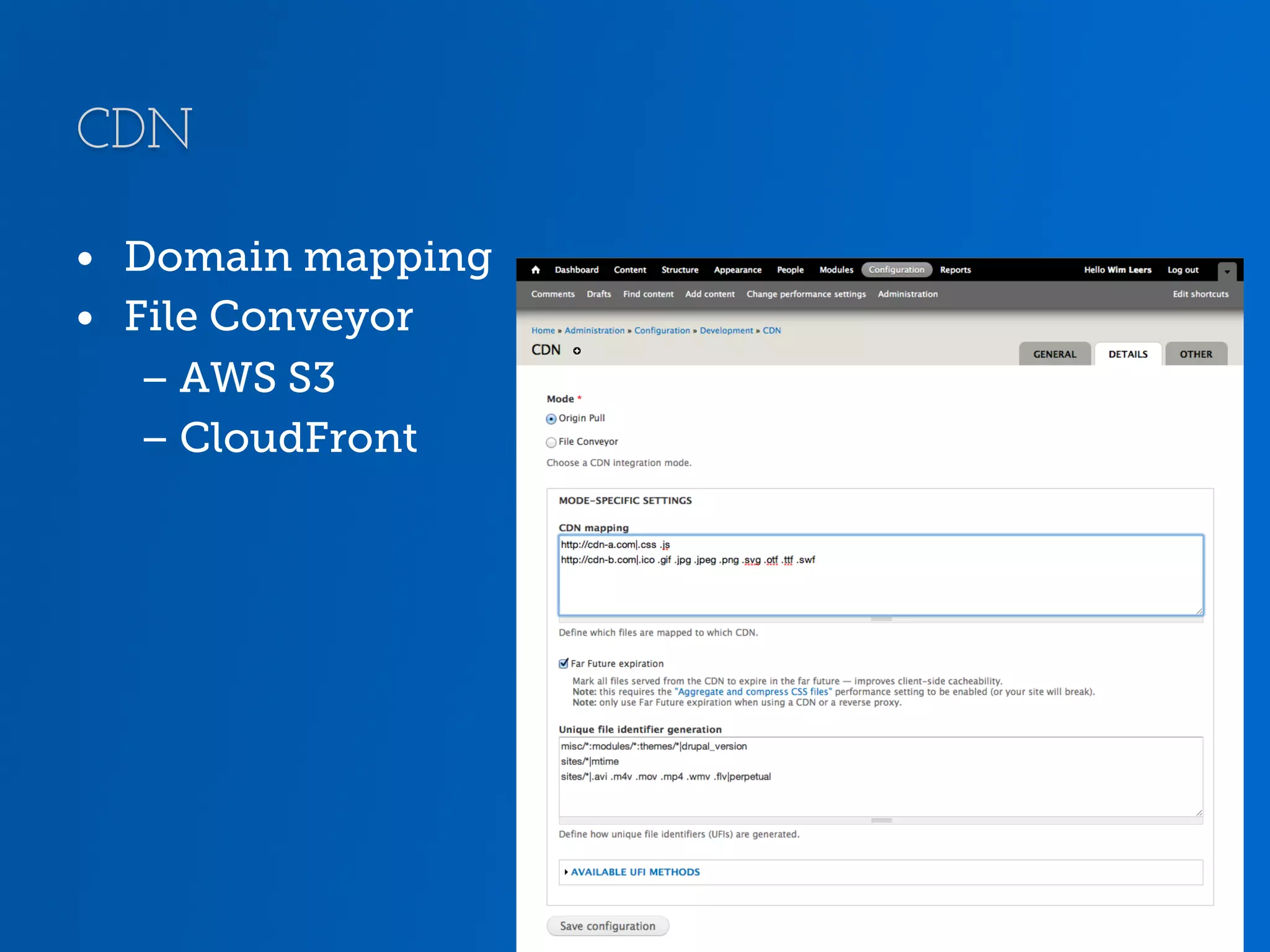 CDN •  Domain mapping •  File Conveyor – AWS S3 – CloudFront 