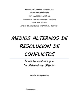 REPUBLICA BOLIVARIANA DE VENEZUELA
UNIVERSIDAD FERMÍN TORO
VICE - RECTORADO ACADÉMICO
FACULTAD DE CIENCIAS JURÍDICAS Y POLÍTICAS
ESCUELA DE DERECHO
SISTEMA DE APRENDIZAJE INTERACTIVO A DISTANCIA
MEDIOS ALTERNOS DE
RESOLUCION DE
CONFLICTOS
El Ius Naturalismo y el
Ius Naturalismo Objetivo
Cuadro Comparativo
Participante:
 