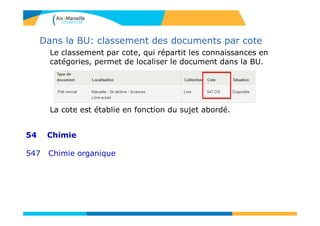 Dans la BU: classement des documents par cote
Le classement par cote, qui répartit les connaissances en
catégories, permet de localiser le document dans la BU.
La cote est établie en fonction du sujet abordé.
54 Chimie
547 Chimie organique
 