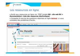 151515
Les ressources en ligne
• Accès aux ressources en ligne via l’ENT (onglet BU> site web BU >
Documentation> Liste des ressources électroniques)
• Contactez le service de questions-réponses en ligne Azimut si vous
constatez des problèmes d’accès.
15
 
