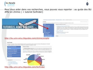 Pour vous aider dans vos recherches, vous pouvez vous reporter : au guide des BU
AMU en chimie ( + tutoriel Scifinder)
http://bu.univ-amu.libguides.com/chimie/emploi
http://bu.univ-amu.libguides.com/SciFinder
15
 