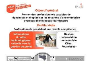 LP M C
                    Objectif général
       Former des professionnels capables de
 dynamiser et d’optimiser les relations d’une entreprise
         avec ses clients et ses fournisseurs
                     Profils visés
  Professionnels possédant une double compétence
  Informatique                            Gestion
     & outils                           de la relation
technologiques                          commerciale
orientés vers la                            Client
gestion de projet                        Fournisseur



     DÉPARTEMENT
     INFORMATIQUE                              à LANNION
 