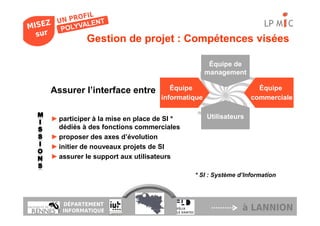 LP M C
          Gestion de projet : Compétences visées

                                                 Équipe de
                                                management

Assurer l’interface entre           Équipe                       Équipe
                                 informatique                  commerciale


► participer à la mise en place de SI *         Utilisateurs
  dédiés à des fonctions commerciales
► proposer des axes d’évolution
► initier de nouveaux projets de SI
► assurer le support aux utilisateurs

                                          * SI : Système d’Information



   DÉPARTEMENT
   INFORMATIQUE                                            à LANNION
 