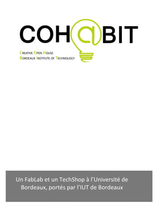 Un	
  FabLab	
  et	
  un	
  TechShop	
  à	
  l’Université	
  de	
  
Bordeaux,	
  portés	
  par	
  l’IUT	
  de	
  Bordeaux
	
  
 