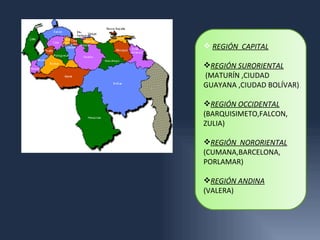 REGIÓN CAPITAL

REGIÓN SURORIENTAL
(MATURÍN ,CIUDAD
GUAYANA ,CIUDAD BOLÍVAR)

REGIÓN OCCIDENTAL
(BARQUISIMETO,FALCON,
ZULIA)

REGIÓN NORORIENTAL
(CUMANA,BARCELONA,
PORLAMAR)

REGIÓN ANDINA
(VALERA)
 