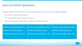 In class System.Database there are new operations exclusively for external objects:
-  For insert, update and delete;
-  Of “immediate” and “async” behavior;
-  Async operations come with or without callback option
External CRUD operations
	
  
Database.insertImmediate(obj);	
  
	
  
Database.insertAsync(obj);	
  
	
  
Database.insertAsync(obj,	
  cb);	
  
	
  
Database.updateImmediate(obj);	
  
	
  
Database.updateAsync(obj);	
  
	
  
Database.updateAsync(obj,	
  cb);	
  
	
  
Database.deleteImmediate(obj);	
  
	
  
Database.deleteAsync(obj);	
  
	
  
Database.deleteAsync(obj,	
  cb);	
  
 