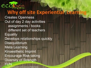Why off site Experiential Learning
Creates Openness
Out of day 2 day activities
  assignments / books
  different set of teachers
Equality
Develops relationships quickly
Disequilibrium
Meta Learning
Kinaesthetic Imprint
Encourage Risk taking
Diversity of Strength
FUN
corporate psychologists Dr John Luckner and Reldan Nadler
 