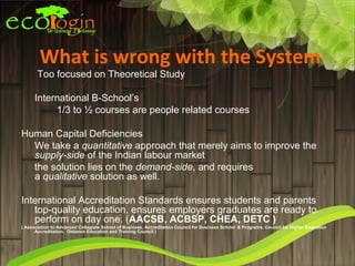 What is wrong with the System
       Too focused on Theoretical Study

      International B-School’s
           1/3 to ½ courses are people related courses

Human Capital Deficiencies
  We take a quantitative approach that merely aims to improve the
  supply-side of the Indian labour market
  the solution lies on the demand-side, and requires
  a qualitative solution as well.

International Accreditation Standards ensures students and parents
   top-quality education, ensures employers graduates are ready to
   perform on day one. (AACSB, ACBSP, CHEA, DETC )
( Association to Advanced Collegiate School of Business, Accreditation Council for Business School & Programs, Council for Higher Education
      Accreditation, Distance Education and Training Council )
 