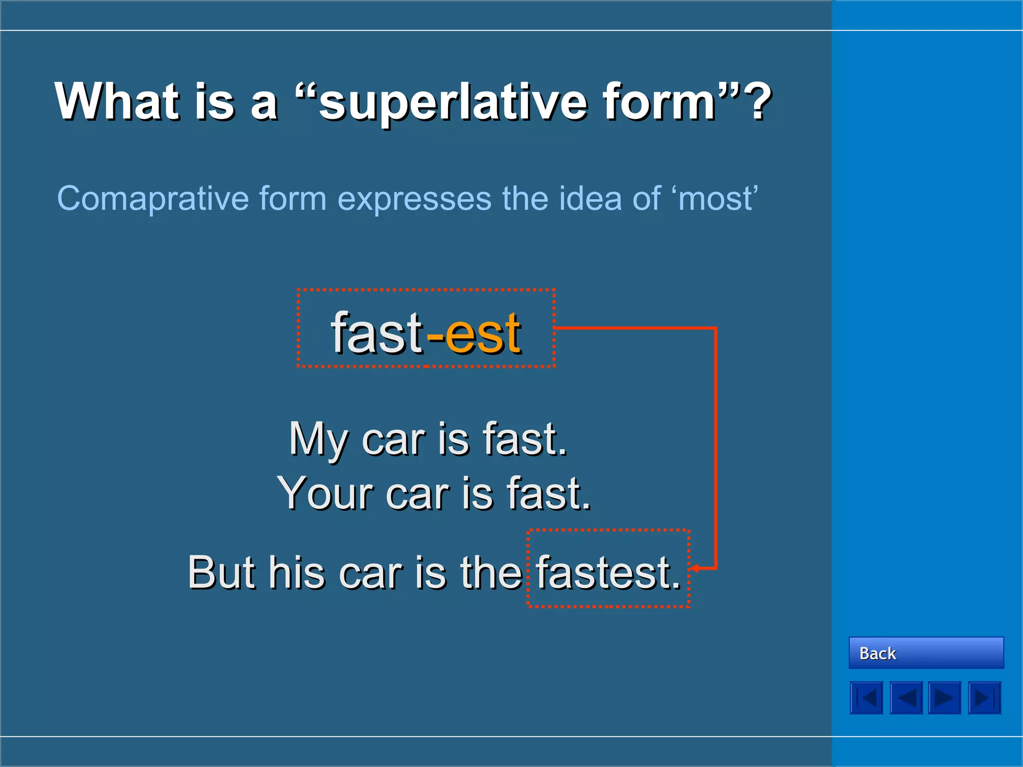 What is a “What is a “superlativesuperlative form”?form”?
Comaprative form expresses the idea of ‘most’
fastfast-est-est
My car is fast.My car is fast.
Your car is fast.Your car is fast.
But his car is the fastest.But his car is the fastest.
BackBack
 