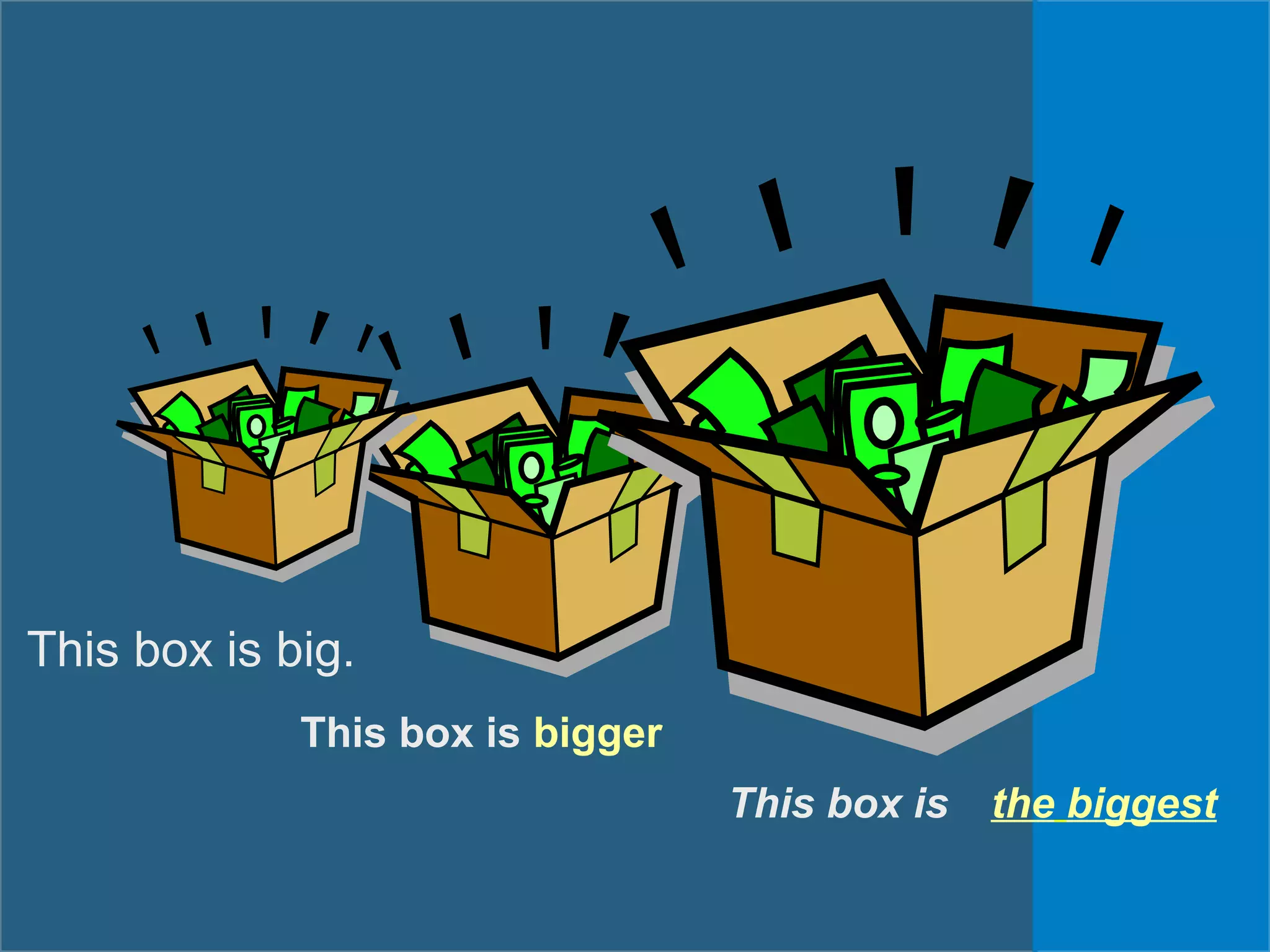 This box is big.
This box is bigger
This box is the biggest
 