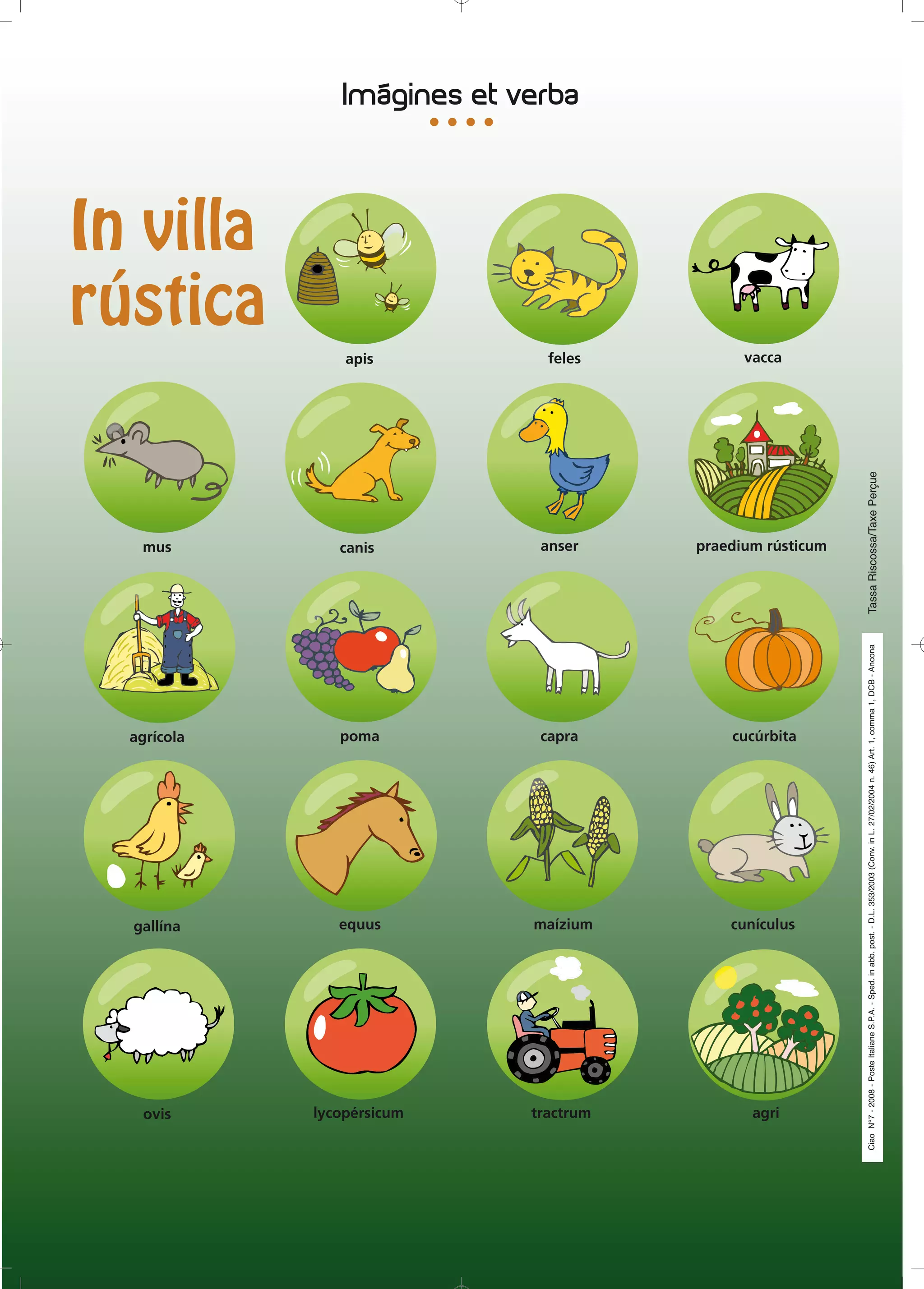 ovis
                                                                                                                                                       mus




                                                          gallína
                                                                                                              agrícola
                                                                                                                                                                                   In villa
                                                                                                                                                                                   rústica
                                                                                                                                                                           apis




                                                                                                                                                       canis




                                                                                                              poma




                                                           equus




        lycopérsicum
                                                                                                              capra
                                                                                                                                                       anser
                                                                                                                                                                           feles




        tractrum
                                                           maízium




        agri
                                                                                                                                                                           vacca




                                                           cunículus
                                                                                                              cucúrbita
                                                                                                                                                       praedium rústicum




Ciao N°7 - 2008 - Poste Italiane S.P.A. - Sped. in abb. post. - D.L. 353/2003 (Conv. in L. 27/02/2004 n. 46) Art. 1, comma 1, DCB - Ancona   Tassa Riscossa/Taxe Perçue
 