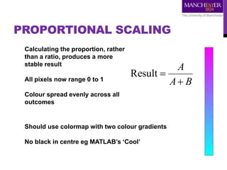 PROPORTIONAL SCALING
BA
A

Result
Calculating the proportion, rather
than a ratio, produces a more
stable result
All pixels now range 0 to 1
Colour spread evenly across all
outcomes
Should use colormap with two colour gradients
No black in centre eg MATLAB’s ‘Cool’
 
