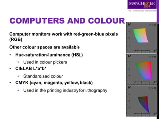 COMPUTERS AND COLOUR
Computer monitors work with red-green-blue pixels
(RGB)
Other colour spaces are available
• Hue-saturation-luminance (HSL)
• Used in colour pickers
• CIELAB L*a*b*
• Standardised colour
• CMYK (cyan, magenta, yellow, black)
• Used in the printing industry for lithography
 