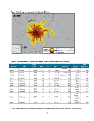 135
Figure 8. Final map of urban extent for Kumasi, Ghana
Table 1. Imagery used to classify urban extent for each city and each time period.26
Country City
Target
Period Path Row Date Platform Quality
UTM
Projection
Angola Luanda 1990 182 66 6/30/91
Landsat 4-5
TM Good 33N
Angola Luanda 2000 182 66 6/14/00 Landsat 7 Good 33N
Angola Luanda 2010 182 66 7/14/08 Landsat 5 TM Good 33N
Benin Cotonou 1990 191 56 12/27/90 NA
Poor -
clouds 31N
Benin Cotonou 1990 192 55 06/04/91 NA Good 31N
Benin Cotonou 1990 192 56 06/04/91 NA Good 31N
Benin Cotonou 2000 192 55 12/13/00 NA Good 31N
Benin Cotonou 2000 192 56 12/13/00 NA
Poor -
opaque 31N
Benin Cotonou 2000 191 56 12/09/01 NA Good 31N
Benin Cotonou 2010 191 56 10/02/11 NA
Poor -
clouds 
striping 31N
Benin Cotonou 2010 192 55 12/12/11 NA
Poor -
opaque 
striping 31N
26
Note: In some cases, multiple images from slightly different dates were used to classify a single urban extent for a target period.
 