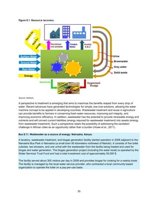 35
Figure 0.1. Resource recovery.
Source: Authors.
A perspective to treatment is emerging that aims to maximize the benefits reaped from every drop of
water. Recent advances have generated technologies for simple, low-cost solutions, allowing the water
machine concept to be applied in developing countries. Wastewater treatment and reuse in agriculture
can provide benefits to farmers in conserving fresh water resources, improving soil integrity, and
improving economic efficiency. In addition, wastewater has the potential to provide renewable energy and
nutrients and will convert current liabilities (energy required for wastewater treatment) into assets (energy
from wastewater treatment). Such a perspective raises the possibility of addressing the sanitation
challenge in African cities as an opportunity rather than a burden (Howe et al., 2011).
Box 0.11. Wastewater as a source of energy: Naivasha, Kenya.
A lavatory, wastewater treatment, and biogas generation facility started operation in 2008 adjacent to the
Naivasha Bus Park in Naivasha (a small town 90 kilometers northwest of Nairobi). It consists of five toilet
cubicles, two showers, and one urinal with the wastewater from the facility being treated and used for
biogas and water generation. The biogas generation project (including the water kiosk) is operated by the
Water Services Trust Fund and had a total investment cost of approximately 50,000 $.
The facility served about 300 visitors per day in 2009 and provides biogas for cooking for a nearby kiosk.
The facility is managed by the local water service provider, who contracted a local community based
organization to operate the toilet on a pay-per-use basis.
 