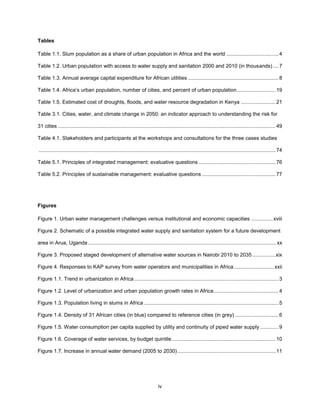 iv
Tables
Table 1.1. Slum population as a share of urban population in Africa and the world ....................................4
Table 1.2. Urban population with access to water supply and sanitation 2000 and 2010 (in thousands)....7
Table 1.3. Annual average capital expenditure for African utilities...............................................................8
Table 1.4. Africa’s urban population, number of cities, and percent of urban population...........................19
Table 1.5. Estimated cost of droughts, floods, and water resource degradation in Kenya ........................21
Table 3.1. Cities, water, and climate change in 2050: an indicator approach to understanding the risk for
31 cities .......................................................................................................................................................49
Table 4.1. Stakeholders and participants at the workshops and consultations for the three cases studies
....................................................................................................................................................................74
Table 5.1. Principles of integrated management: evaluative questions .....................................................76
Table 5.2. Principles of sustainable management: evaluative questions ...................................................77
Figures
Figure 1. Urban water management challenges versus institutional and economic capacities ...............xviii
Figure 2. Schematic of a possible integrated water supply and sanitation system for a future development
area in Arua, Uganda.................................................................................................................................. xx
Figure 3. Proposed staged development of alternative water sources in Nairobi 2010 to 2035 ................xix
Figure 4. Responses to KAP survey from water operators and municipalities in Africa............................xxii
Figure 1.1. Trend in urbanization in Africa....................................................................................................3
Figure 1.2. Level of urbanization and urban population growth rates in Africa.............................................4
Figure 1.3. Population living in slums in Africa .............................................................................................5
Figure 1.4. Density of 31 African cities (in blue) compared to reference cities (in grey) ..............................6
Figure 1.5. Water consumption per capita supplied by utility and continuity of piped water supply.............9
Figure 1.6. Coverage of water services, by budget quintile........................................................................10
Figure 1.7. Increase in annual water demand (2005 to 2030)....................................................................11
 