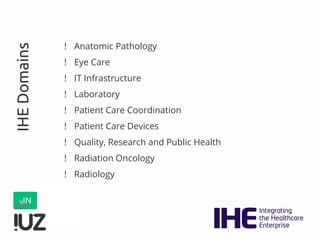 ! Anatomic Pathology
! Eye Care
! IT Infrastructure
! Laboratory
! Patient Care Coordination
! Patient Care Devices
! Quality, Research and Public Health
! Radiation Oncology
! Radiology
IHEDomains
 