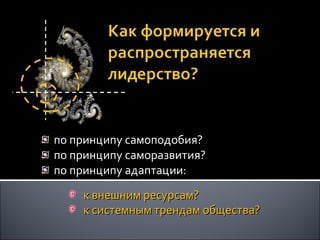по принципу самоподобия? по принципу саморазвития? по принципу адаптации:  к внешним ресурсам?  к системным трендам общества? 