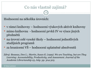 Co nás vlastně zajímá?  Hodnocení na několika úrovních:  v rámci knihovny – hodnocení výukových aktivit knihovny mimo knihovnu  - hodnocení prvků IV ve výuce jiných předmětů na úrovni celé vysoké školy – hodnocení jednotlivých studijních programů  za hranicemi VŠ – hodnocení uplatněné absolventů  Zdroj: Bosseau, Don L.; Martin, Susan K. (1999). We are Teaching, but are They Learning: Accountability, Productivity, and Assessment. Journal of the Academic Librarianship 25, July: pp. 304-305. © Hana Landová 