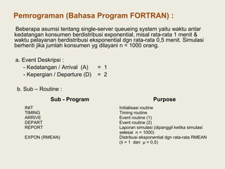 Pemrograman (Bahasa Program FORTRAN) :
Beberapa asumsi tentang single-server queueing system yaitu waktu antar
kedatangan konsumen berdistribusi exponential, misal rata-rata 1 menit &
waktu pelayanan berdistribusi eksponential dgn rata-rata 0,5 menit. Simulasi
berhenti jika jumlah konsumen yg dilayani n = 1000 orang.
a. Event Deskripsi :
- Kedatangan / Arrival (A) = 1
- Kepergian / Departure (D) = 2
b. Sub – Routine :
Sub - Program Purpose
INIT
TIMING
ARRIVE
DEPART
REPORT
EXPON (RMEAN)
Initialisasi routine
Timing routine
Event routine (1)
Event routine (2)
Laporan simulasi (dipanggil ketika simulasi
selesai n = 1000)
Distribusi eksponential dgn rata-rata RMEAN
(λ = 1 dan μ = 0,5)
 