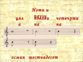 Ноти и
паузицял
а
полови
на
четвърти
на
осмин шестнадесет
 