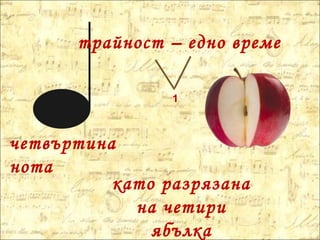четвъртина
нота
като разрязана
на четири
ябълка
1
трайност – едно време
 