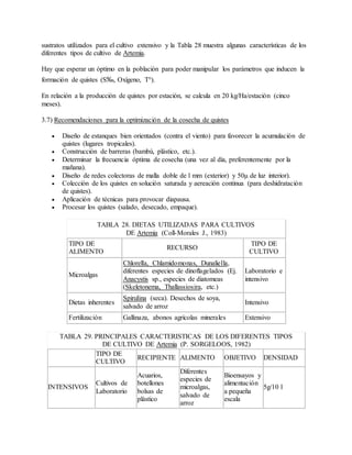sustratos utilizados para el cultivo extensivo y la Tabla 28 muestra algunas características de los
diferentes tipos de cultivo de Artemia.
Hay que esperar un óptimo en la población para poder manipular los parámetros que inducen la
formación de quistes (S‰, Oxígeno, T°).
En relación a la producción de quistes por estación, se calcula en 20 kg/Ha/estación (cinco
meses).
3.7) Recomendaciones para la optimización de la cosecha de quistes
 Diseño de estanques bien orientados (contra el viento) para favorecer la acumulación de
quistes (lugares tropicales).
 Construcción de barreras (bambú, plástico, etc.).
 Determinar la frecuencia óptima de cosecha (una vez al día, preferentemente por la
mañana).
 Diseño de redes colectoras de malla doble de l mm (exterior) y 50μ de luz interior).
 Colección de los quistes en solución saturada y aereación continua (para deshidratación
de quistes).
 Aplicación de técnicas para provocar diapausa.
 Procesar los quistes (salado, desecado, empaque).
TABLA 28. DIETAS UTILIZADAS PARA CULTIVOS
DE Artemia (Coll-Morales J., 1983)
TIPO DE
ALIMENTO
RECURSO
TIPO DE
CULTIVO
Microalgas
Chlorella, Chlamidomonas, Dunaliella,
diferentes especies de dinoflagelados (Ej.
Anacystis sp., especies de diatomeas
(Skeletonema, Thallassiosira, etc.)
Laboratorio e
intensivo
Dietas inherentes
Spirulina (seca). Desechos de soya,
salvado de arroz
Intensivo
Fertilización Gallinaza, abonos agrícolas minerales Extensivo
TABLA 29. PRINCIPALES CARACTERISTICAS DE LOS DIFERENTES TIPOS
DE CULTIVO DE Artemia (P. SORGELOOS, 1982)
TIPO DE
CULTIVO
RECIPIENTE ALIMENTO OBJETIVO DENSIDAD
INTENSIVOS
Cultivos de
Laboratorio
Acuarios,
botellones
bolsas de
plástico
Diferentes
especies de
microalgas,
salvado de
arroz
Bioensayos y
alimentación
a pequeña
escala
5g/10 l
 