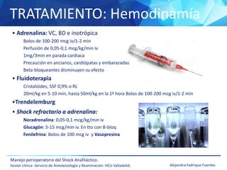 TRATAMIENTO: Hemodinamía
Manejo perioperatorio del Shock Anafiláctico.
Sesión clínica. Servicio de Anestesiología y Reanimación. HCU Valladolid. Alejandra Fadrique Fuentes
• Adrenalina: VC, BD e inotrópica
Bolos de 100-200 mcg iv/1-2 min
Perfusión de 0,05-0,1 mcg/kg/min iv
1mg/3min en parada cardiaca
Precaución en ancianos, cardiópatas y embarazadas
Beta-bloqueantes disminuyen su efecto
• Fluidoterapia
Cristaloides, SSF 0,9% o RL
20ml/kg en 5-10 min, hasta 50ml/kg en la 1ª hora Bolos de 100-200 mcg iv/1-2 min
•Trendelemburg
• Shock refractario a adrenalina:
Noradrenalina: 0,05-0,1 mcg/kg/min iv
Glucagón: 5-15 mcg/min iv. En tto con B-bloq
Fenilefrina: Bolos de 100 mcg iv y Vasopresina
 