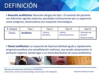 DEFINICIÓN
Manejo perioperatorio del Shock Anafiláctico.
Sesión clínica. Servicio de Anestesiología y Reanimación. HCU Valladolid. Alejandra Fadrique Fuentes
• Reacción anafiláctica: Reacción alérgica de tipo I. El contacto del paciente
con diferentes agentes externos, percibidos erróneamente por su organismo
como antígenos, desencadena una respuesta inmunológica.
• Shock anafiláctico: La respuesta de hipersensibilidad aguda y rápidamente
progresiva produce una vasodilatación sistémica, que puede comprometer la
perfusión orgánica, dando lugar a un shock distributivo de causa anafiláctica.
R. alérgica Tipo I Tipo II Tipo III Tipo IV
Clínica -Anafilaxis - Anemia
hemolítica
- Nefritis
postestretocóccica
-Dermatitis de
contacto
-Rechazo injertos
 