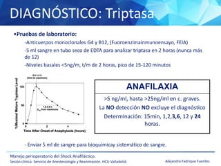DIAGNÓSTICO: Triptasa
Manejo perioperatorio del Shock Anafiláctico.
Sesión clínica. Servicio de Anestesiología y Reanimación. HCU Valladolid. Alejandra Fadrique Fuentes
•Pruebas de laboratorio:
-Anticuerpos monoclonales G4 y B12, (Fuoroenzimainmunoensayo, FEIA)
-5 ml sangre en tubo seco de EDTA para analizar triptasa en 2 horas (nunca más
de 12)
-Niveles basales <5ng/m, t/m de 2 horas, pico de 15-120 minutos
- Enviar 5 ml de sangre para bioquímicay sistemático de sangre.
ANAFILAXIA
>5 ng/ml, hasta >25ng/ml en c. graves.
La NO detección NO excluye el diagnóstico
Determinación: 15min, 1,2,3,6, 12 y 24
horas.
 