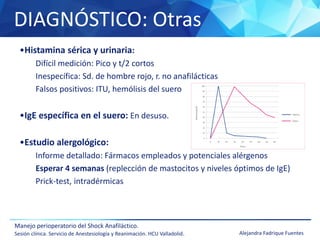 DIAGNÓSTICO: Otras
Manejo perioperatorio del Shock Anafiláctico.
Sesión clínica. Servicio de Anestesiología y Reanimación. HCU Valladolid. Alejandra Fadrique Fuentes
•Histamina sérica y urinaria:
Difícil medición: Pico y t/2 cortos
Inespecífica: Sd. de hombre rojo, r. no anafilácticas
Falsos positivos: ITU, hemólisis del suero
•IgE específica en el suero: En desuso.
•Estudio alergológico:
Informe detallado: Fármacos empleados y potenciales alérgenos
Esperar 4 semanas (replección de mastocitos y niveles óptimos de IgE)
Prick-test, intradérmicas
 