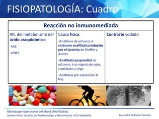 FISIOPATOLOGÍA: Cuadro
Manejo perioperatorio del Shock Anafiláctico.
Sesión clínica. Servicio de Anestesiología y Reanimación. HCU Valladolid. Alejandra Fadrique Fuentes
Reacción no inmunomediada
Alt. del metabolismo del
ácido araquidónico:
-AAS
-AINES
Causa física:
-Anafilaxia de esfuerzo ó
síndrome anafiláctico inducido
por el ejercicio de Sheffer y
Austen.
-Anafilaxia posprandial de
esfuerzo; tras ingesta de apio,
crustáceos y trigo.
-Anafilaxia por exposición al
frío.
Contraste yodado
 