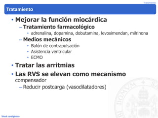 Tratamiento
• Mejorar la función miocárdica
– Tratamiento farmacológico
• adrenalina, dopamina, dobutamina, levosimendan, milrinona
– Medios mecánicos
• Balón de contrapulsación
• Asistencia ventricular
• ECMO
• Tratar las arritmias
• Las RVS se elevan como mecanismo
compensador
– Reducir postcarga (vasodilatadores)
Shock cardigénico
Tratamiento
 