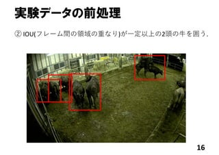 実験データの前処理
16
② IOU(フレーム間の領域の重なり)が⼀定以上の2頭の⽜を囲う.
 